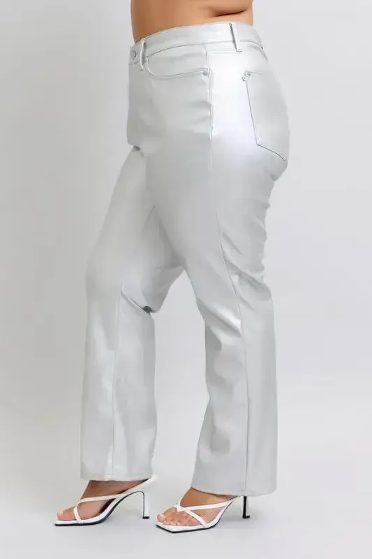 Judy Blue Full Size High Waist Silver Faux Leather Pants Plus Size