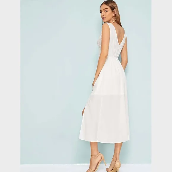 Lace Detail White Midi High Slit Dress