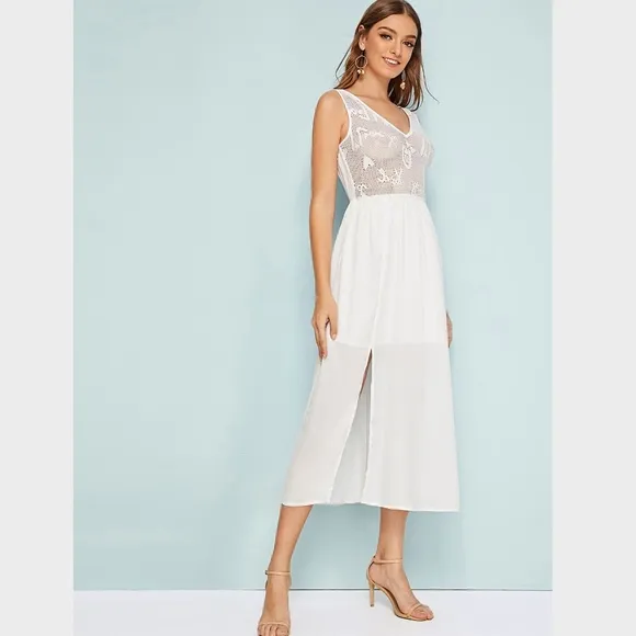 Lace Detail White Midi High Slit Dress