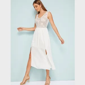 Lace Detail White Midi High Slit Dress