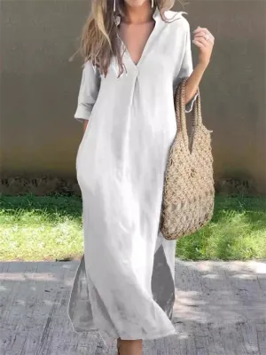 Ladies Casual Side Slit V-Neck 3/4 Sleeve Plain Dresses
