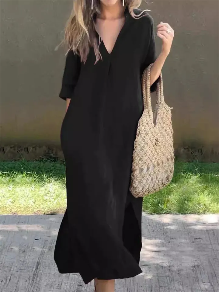Ladies Casual Side Slit V-Neck 3/4 Sleeve Plain Dresses