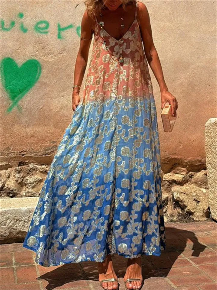 Ladies Gradient Color Print V-Neck Strappy Dress