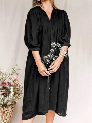 Ladies Solid Color Vintage Plus Size Lantern Sleeve Dress