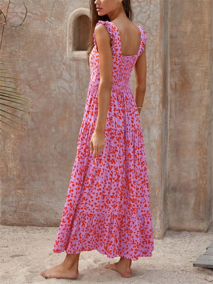 Ladies Square Neck Dot Printed Backless Maxi Dresses