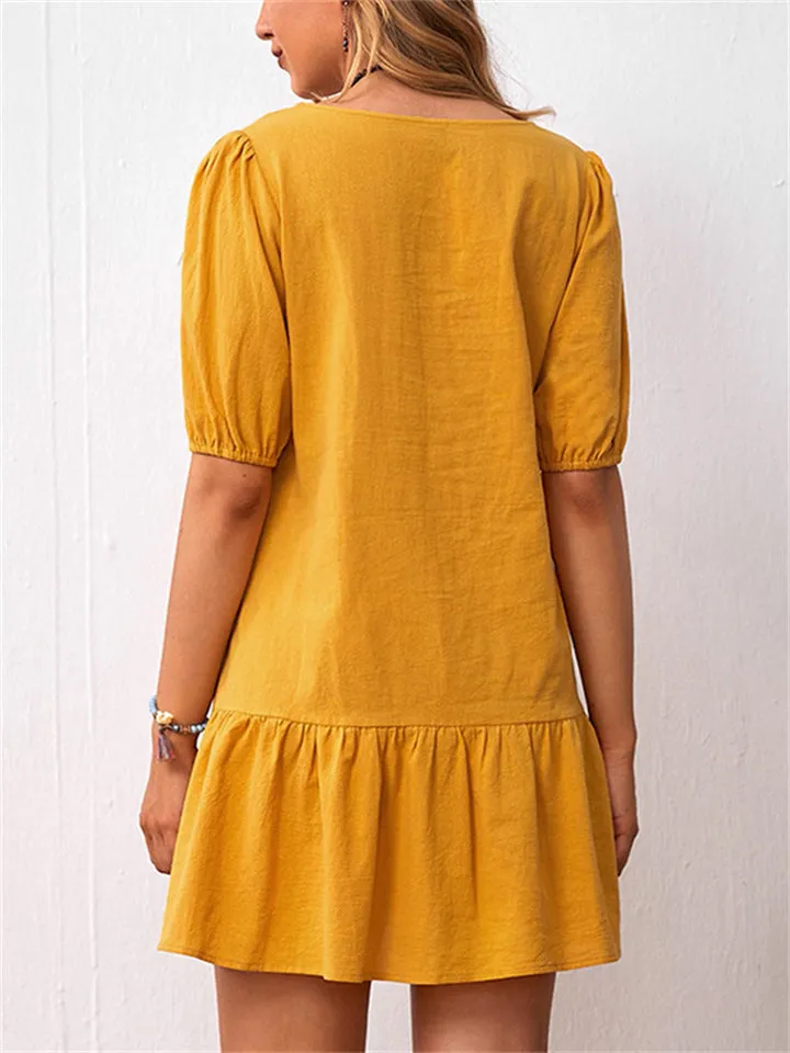 Linen Cotton Round Neck Pullover Solid Elastic Waist Female Dresses