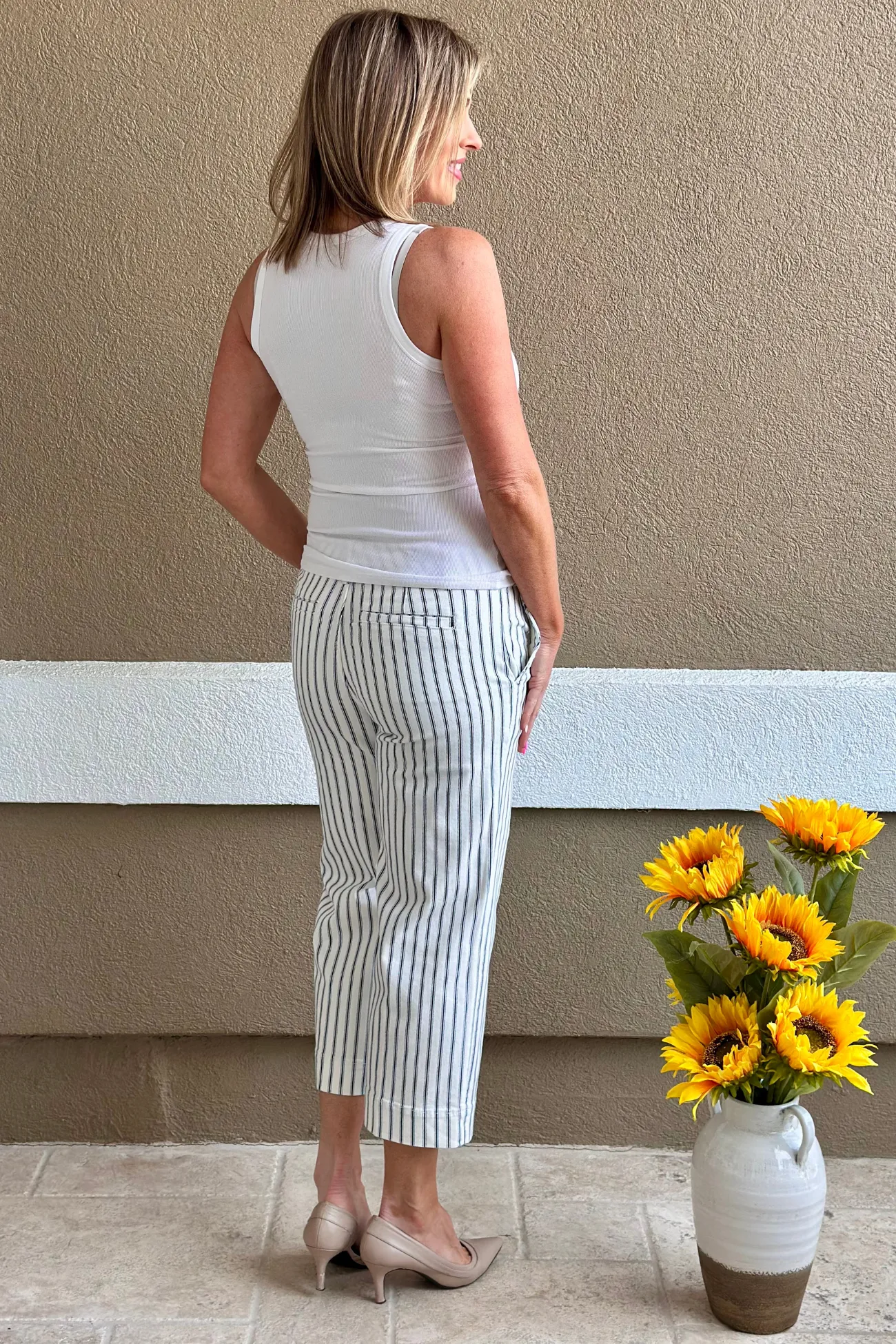 Liverpool Vintage Indigo Stripe Wide Leg Crop With Patch Pockets