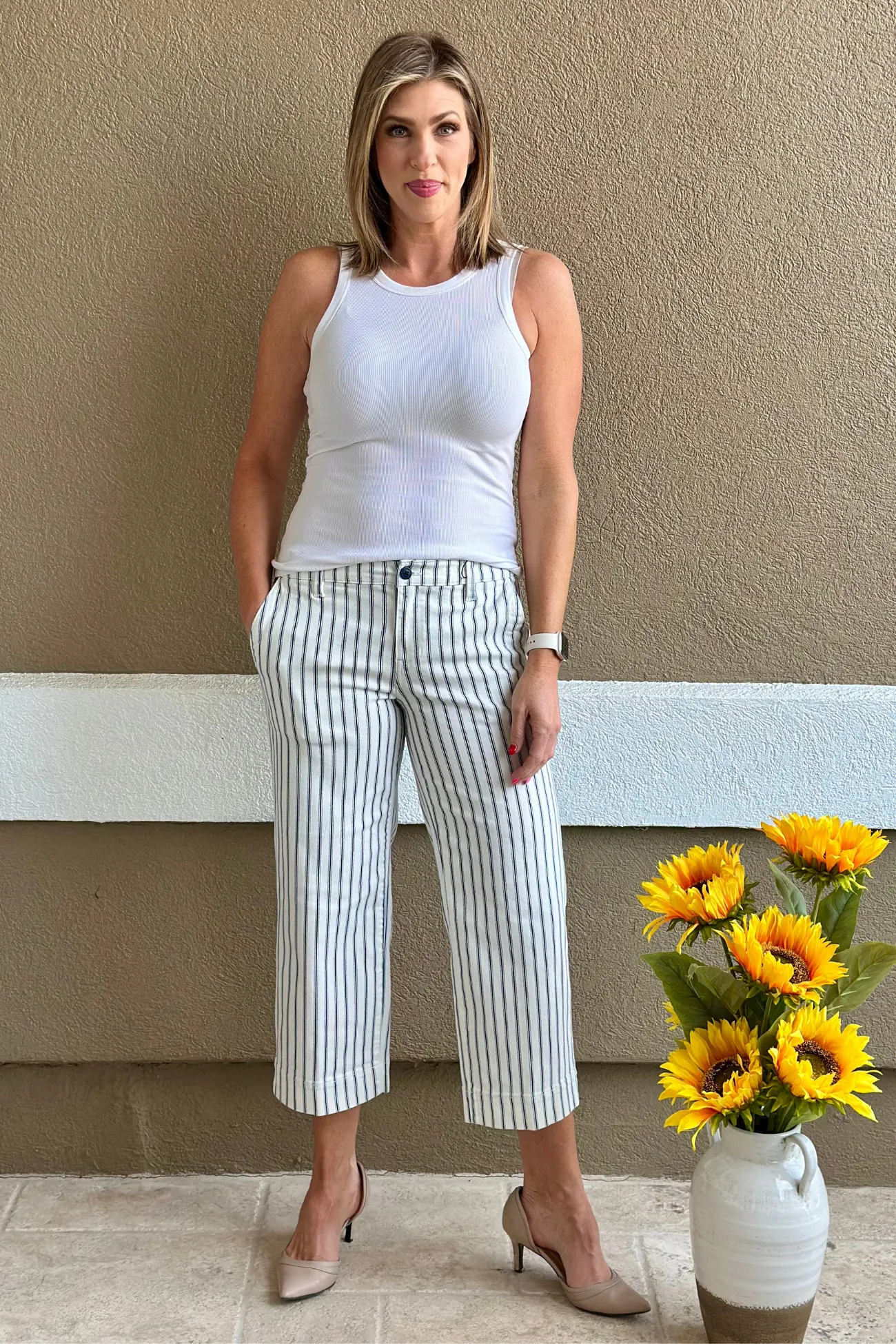 Liverpool Vintage Indigo Stripe Wide Leg Crop With Patch Pockets