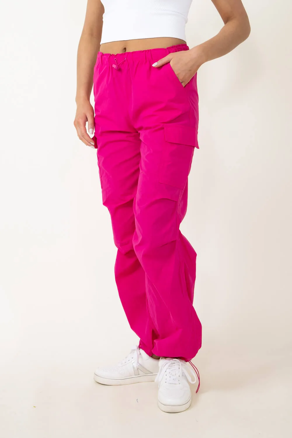 Love Tree Nylon Cargo Baggy Parachute Pants for Women in Pink | 6866PN-MAGENTA