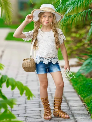 Lovely In Lace Denim Shorts Set