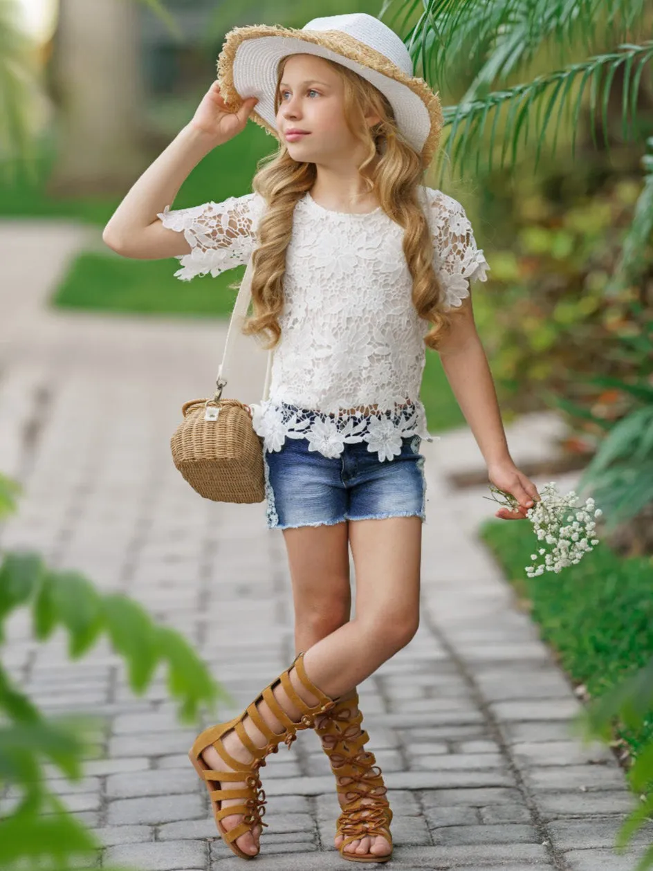 Lovely In Lace Denim Shorts Set