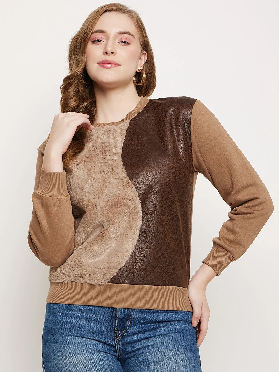 Madame Brown Fleece And Faux Leather Colourblocked Sweatshirt