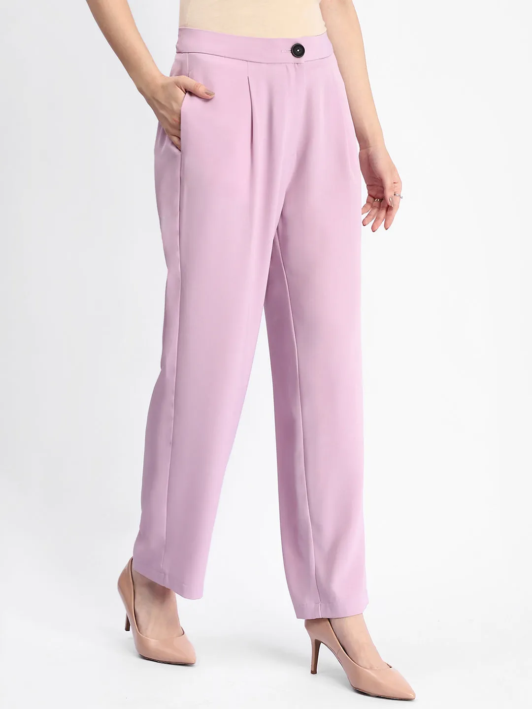 Madame Solid Straight Buttoned Mauve Trousers