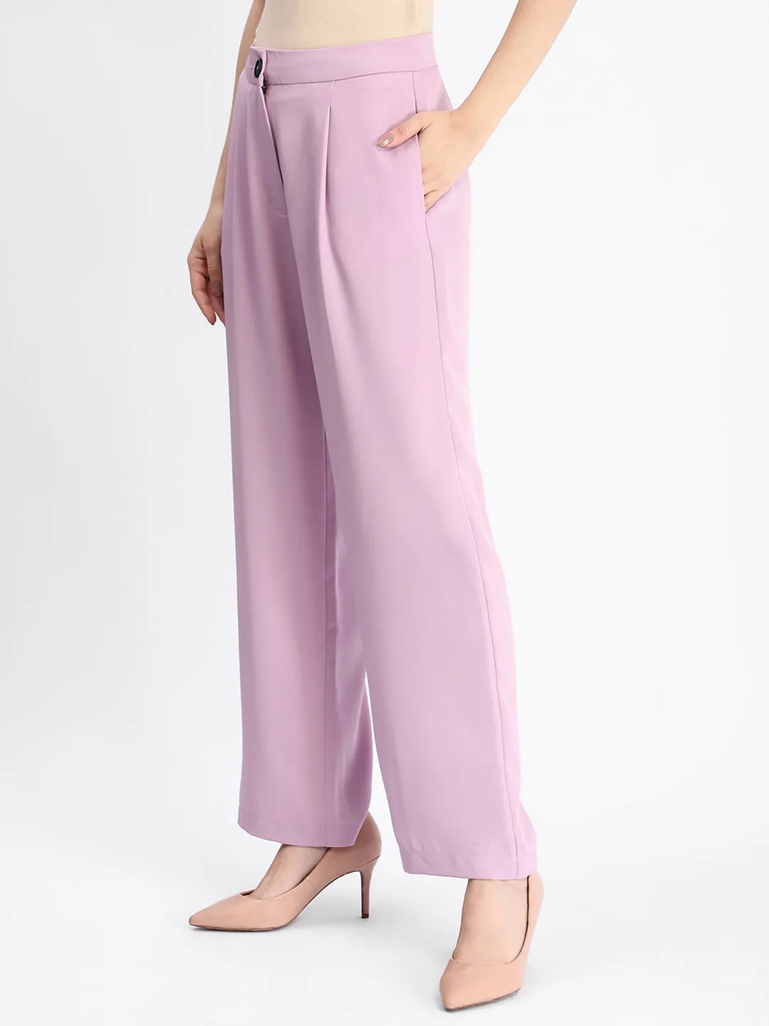 Madame Solid Straight Buttoned Mauve Trousers