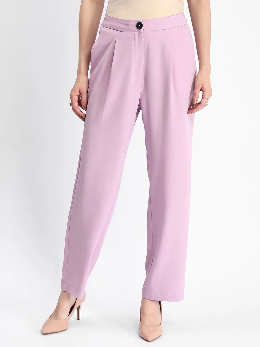 Madame Solid Straight Buttoned Mauve Trousers