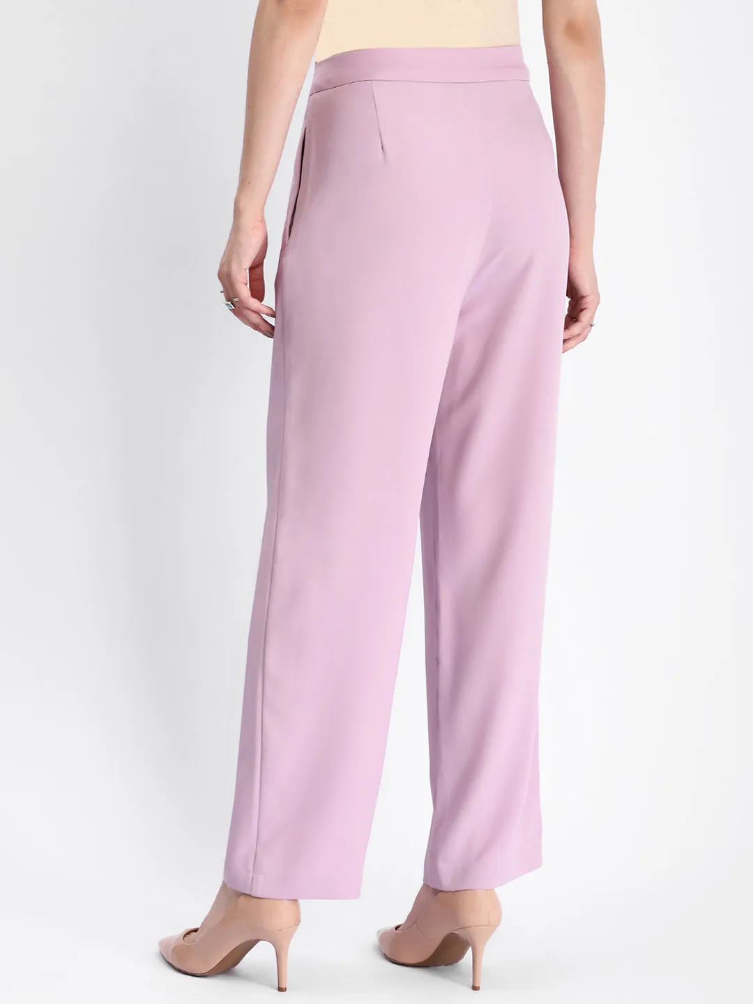 Madame Solid Straight Buttoned Mauve Trousers