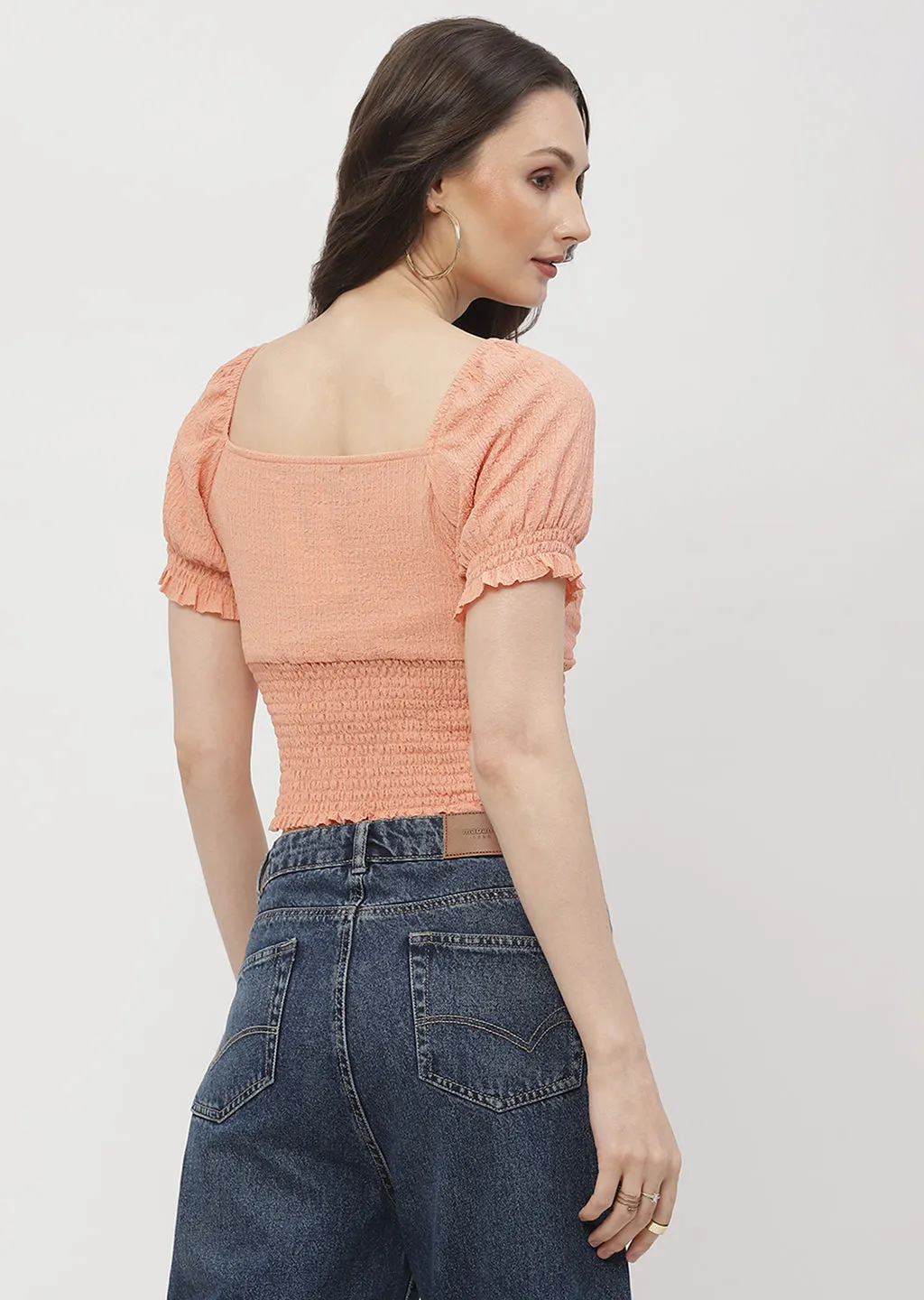 Madame Tie-Up Neck Orange Smocked Top