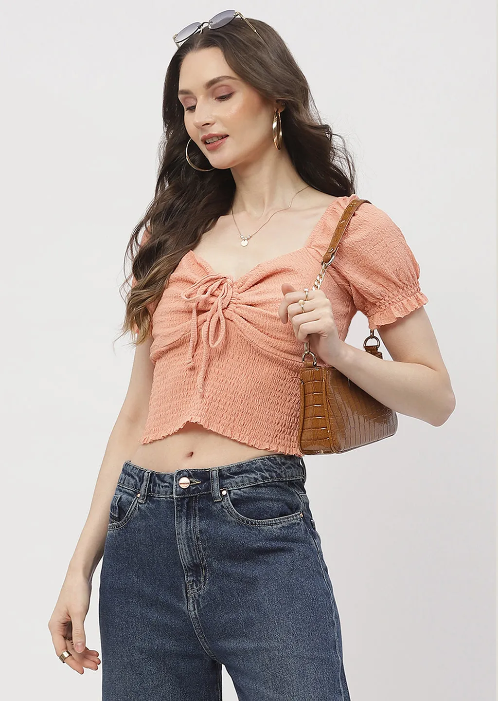 Madame Tie-Up Neck Orange Smocked Top