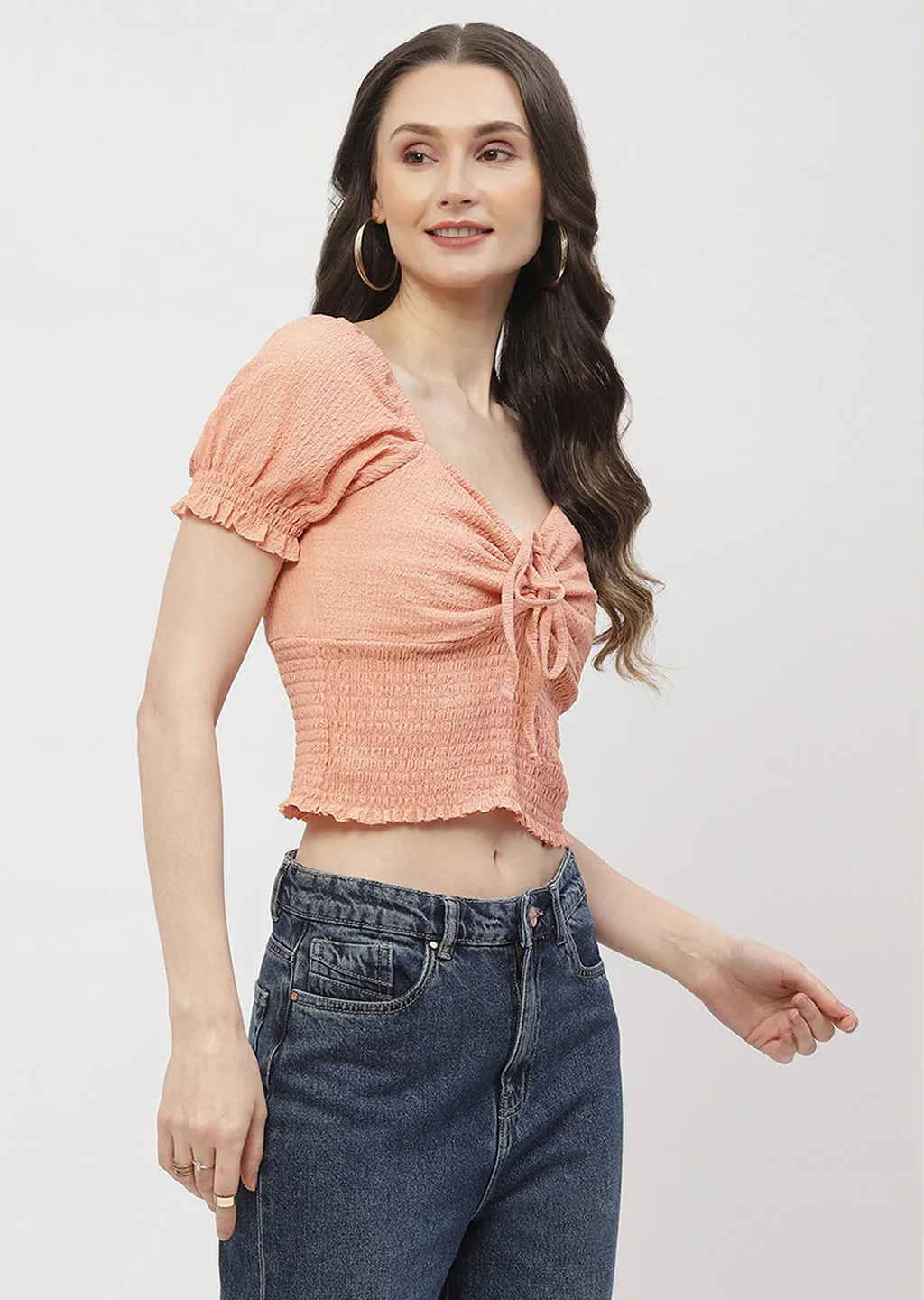 Madame Tie-Up Neck Orange Smocked Top