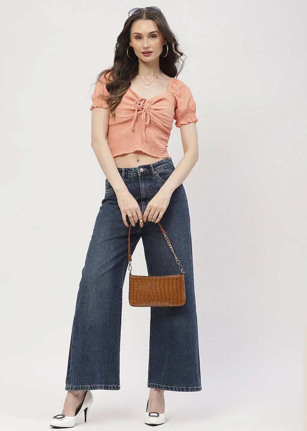 Madame Tie-Up Neck Orange Smocked Top