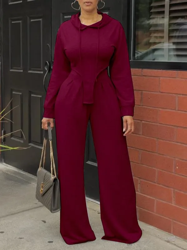 mangocouture Solid Hoodie & Wide-Leg Pants Set