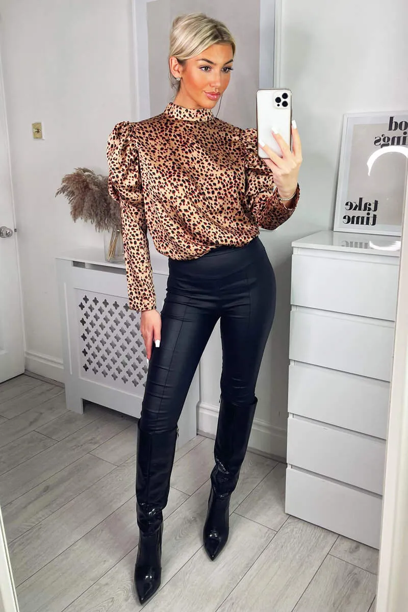 Multi Animal Print High Neck Puff Sleeve Blouse
