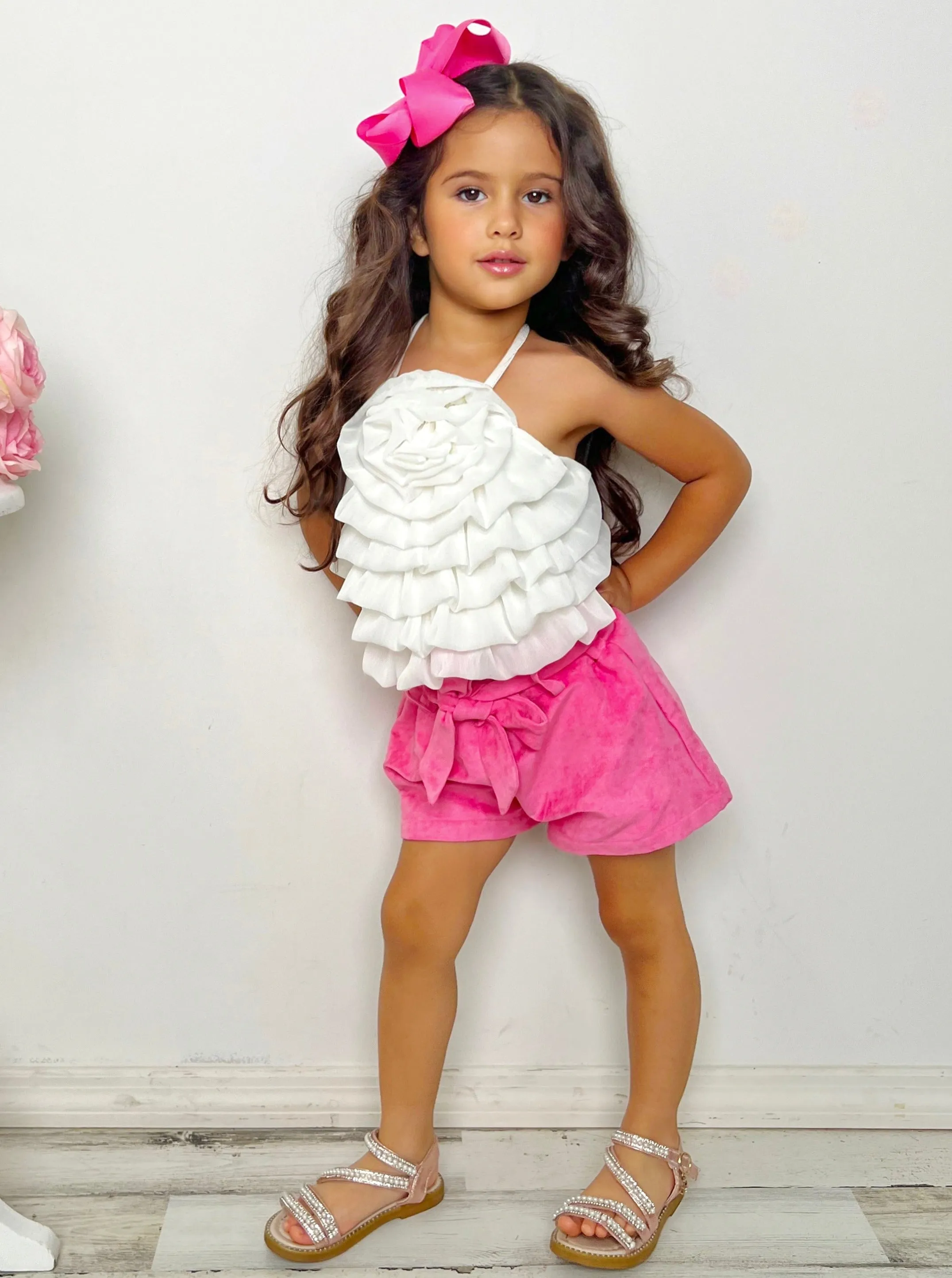 My Darling Blossom White Rosette Tiered Top And Shorts Set