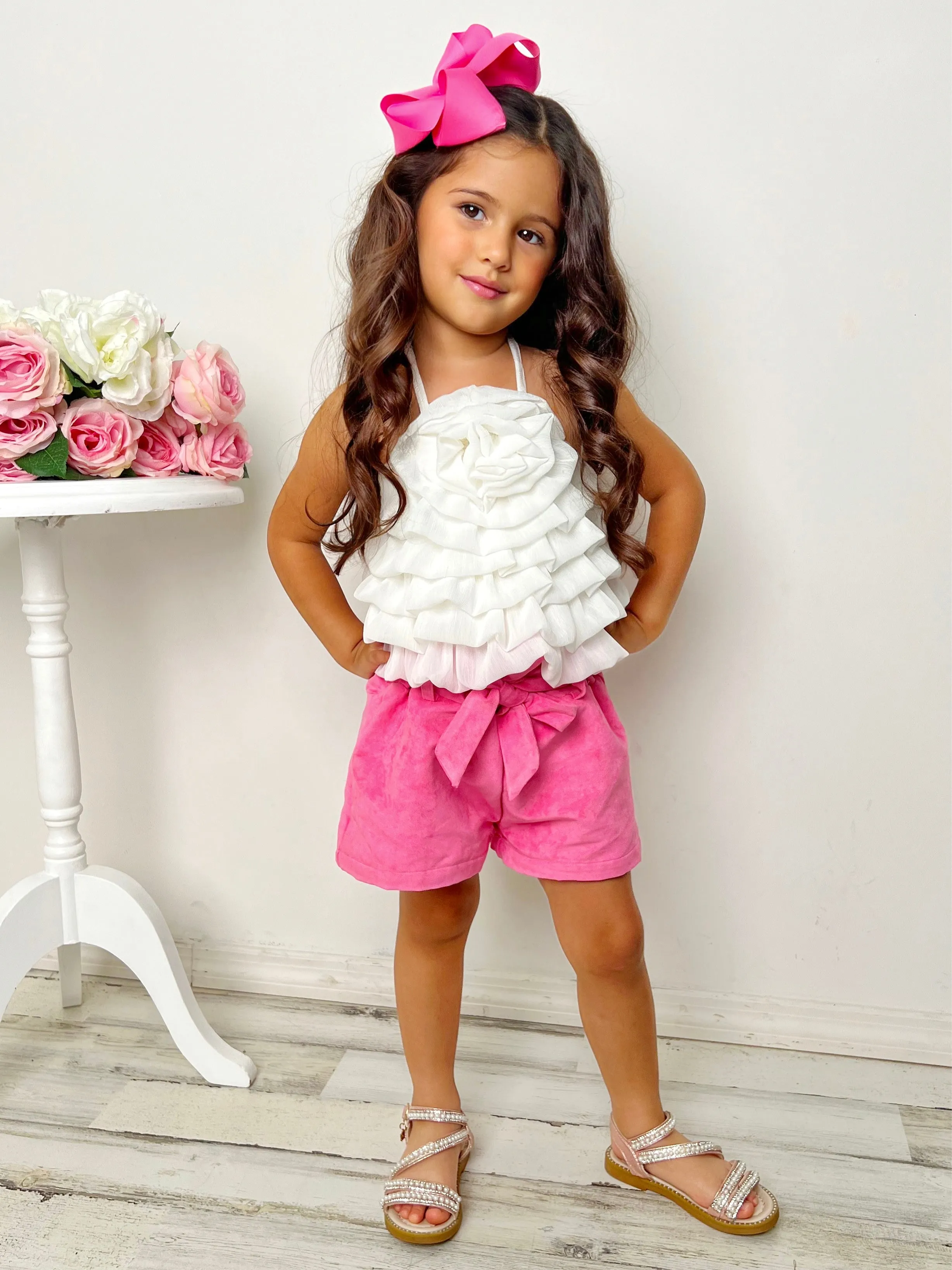 My Darling Blossom White Rosette Tiered Top And Shorts Set