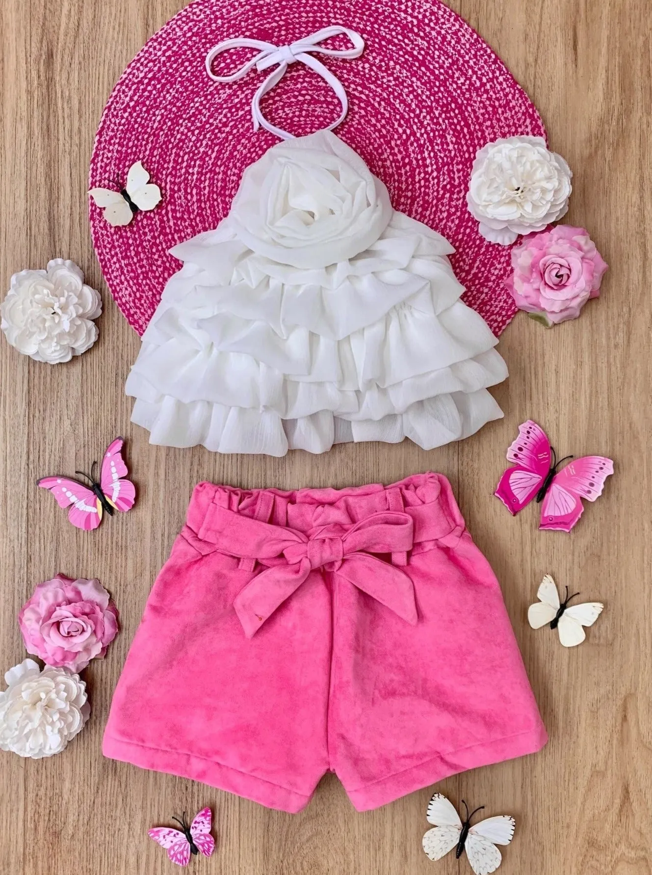 My Darling Blossom White Rosette Tiered Top And Shorts Set