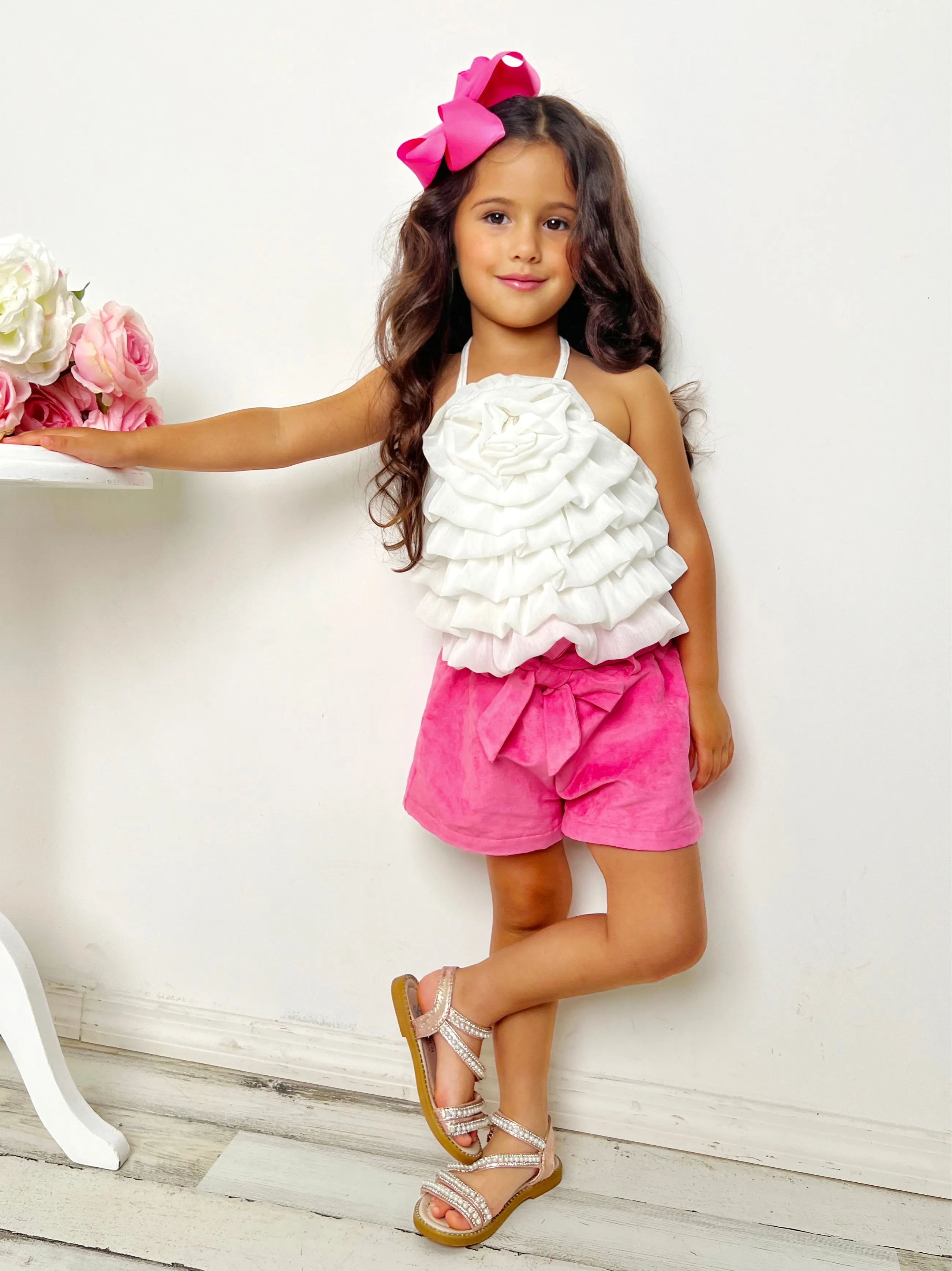 My Darling Blossom White Rosette Tiered Top And Shorts Set