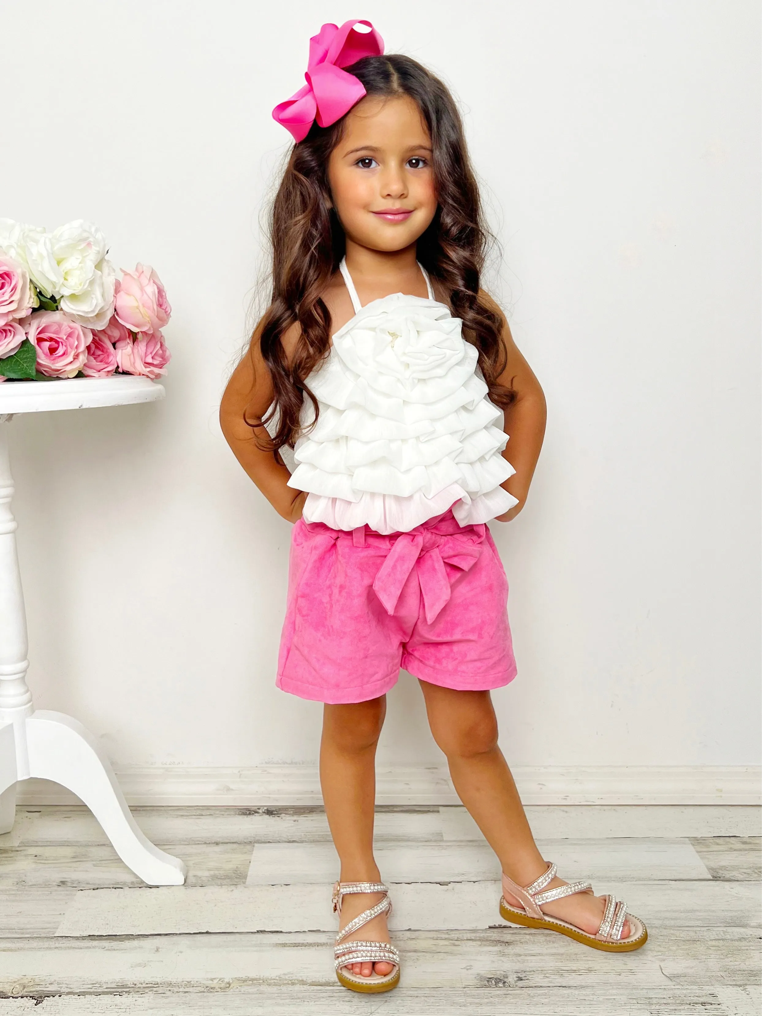 My Darling Blossom White Rosette Tiered Top And Shorts Set