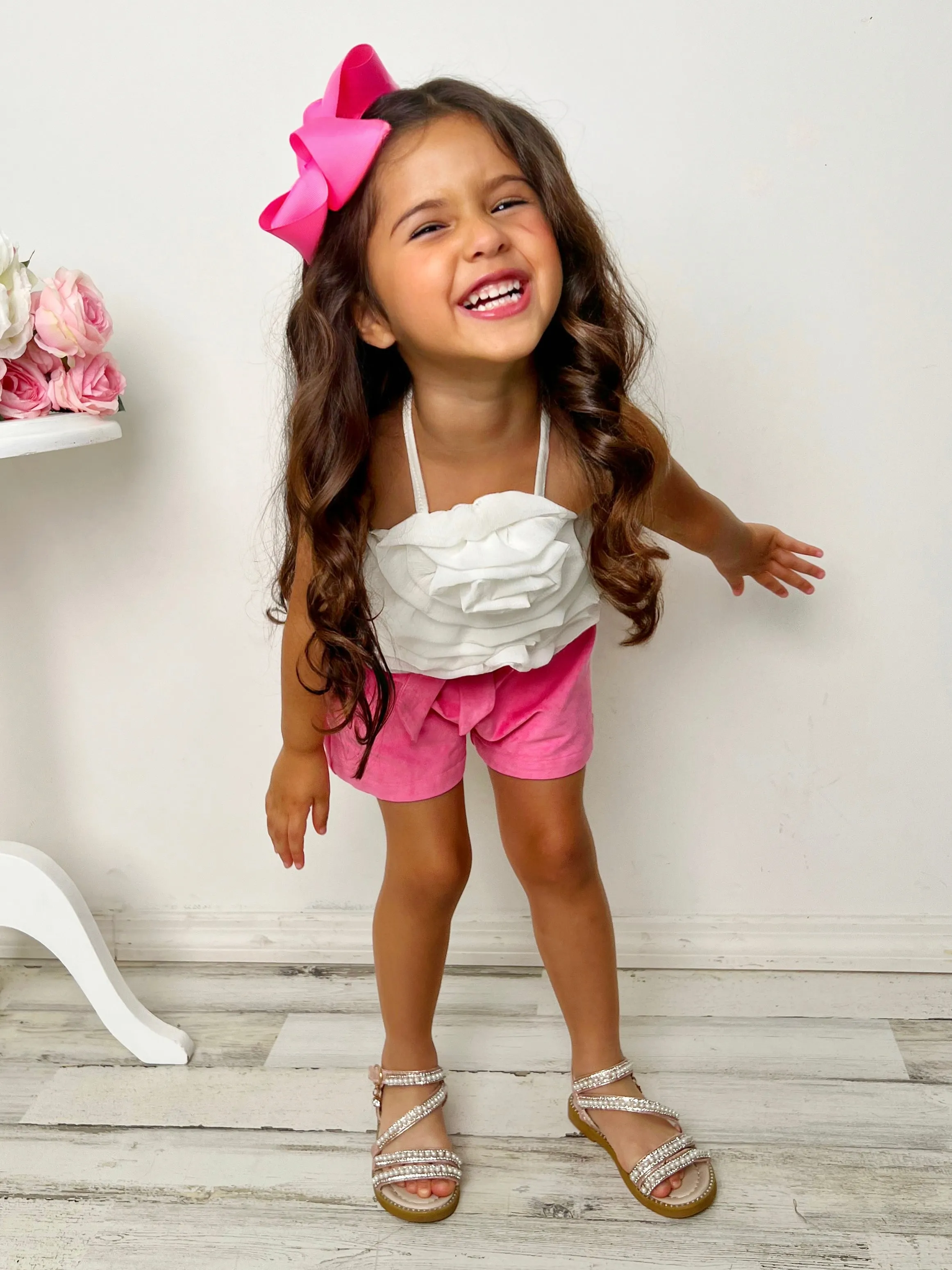 My Darling Blossom White Rosette Tiered Top And Shorts Set