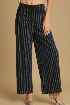 Navy Color Elastic Waist Striped Wide Leg Velvet Pants