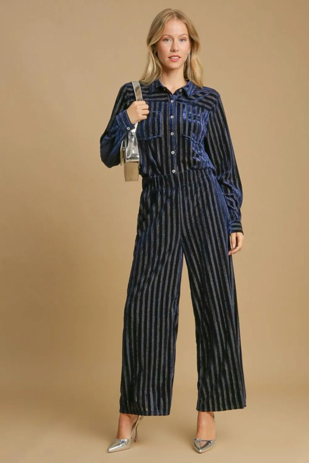 Navy Color Elastic Waist Striped Wide Leg Velvet Pants