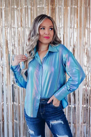 Nightlife Metallic Button Up Shirt - Blue