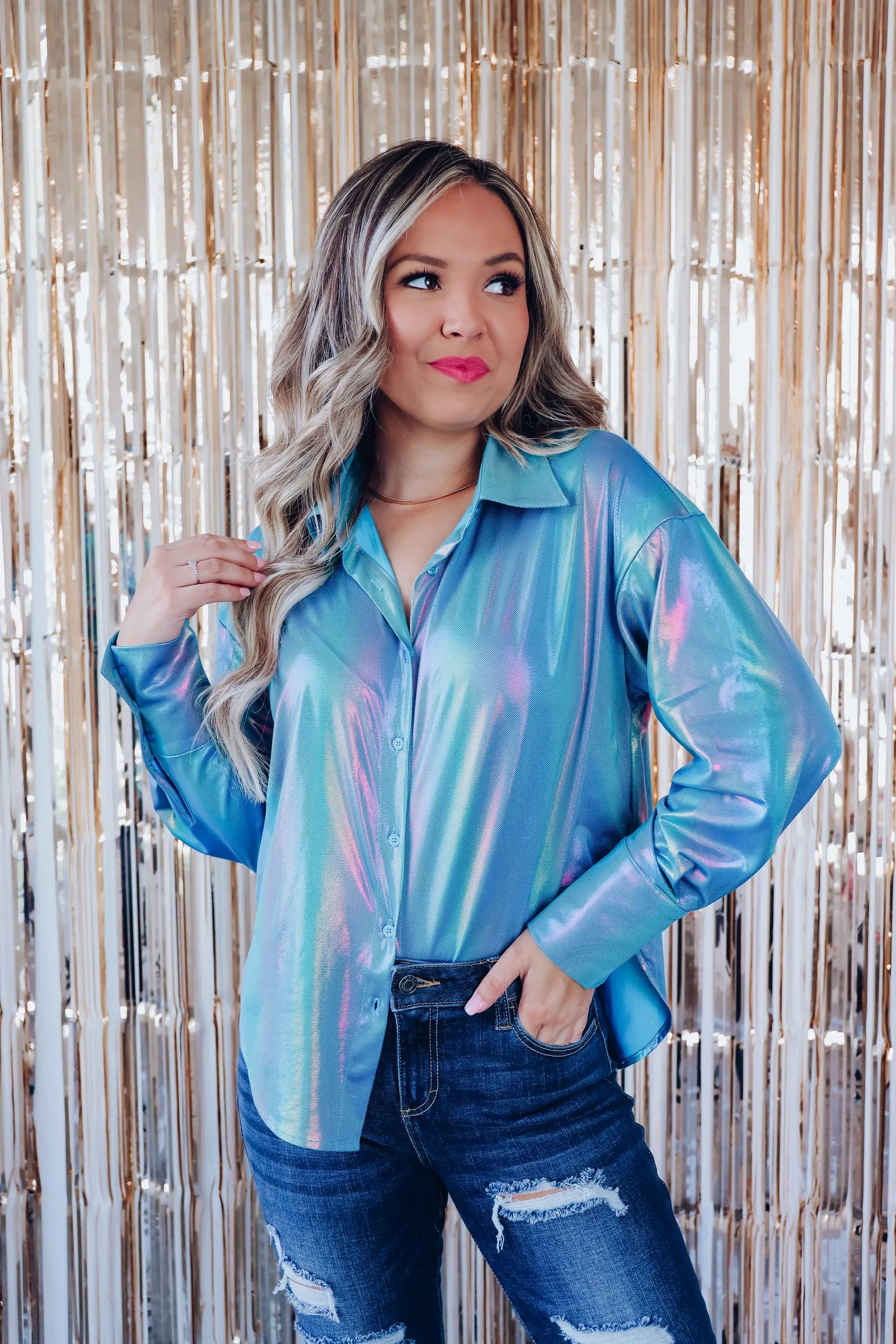 Nightlife Metallic Button Up Shirt - Blue