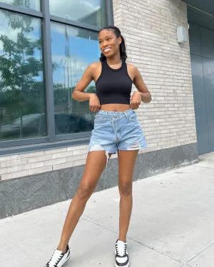 Overlap Distressed Denim Shorts