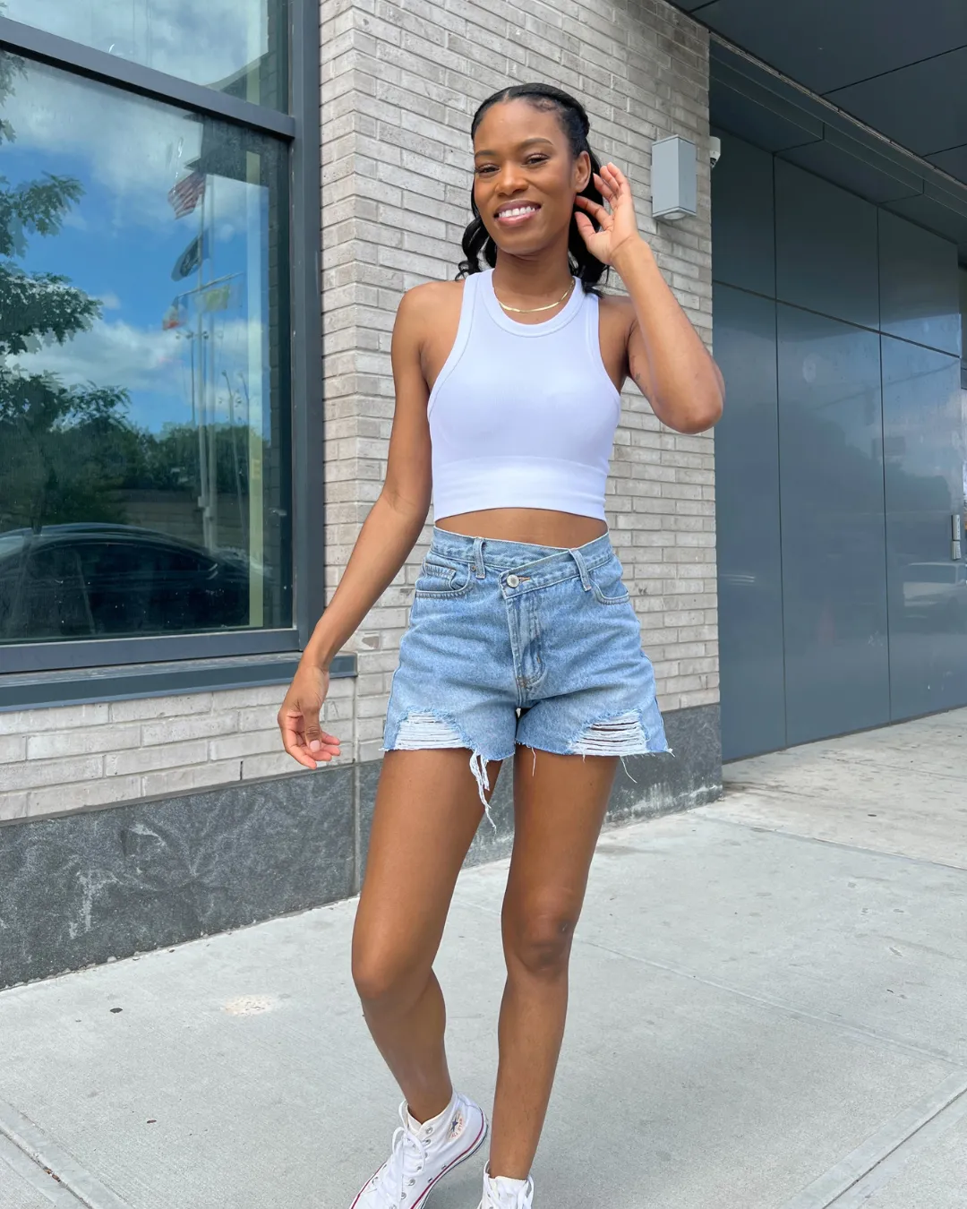 Overlap Distressed Denim Shorts