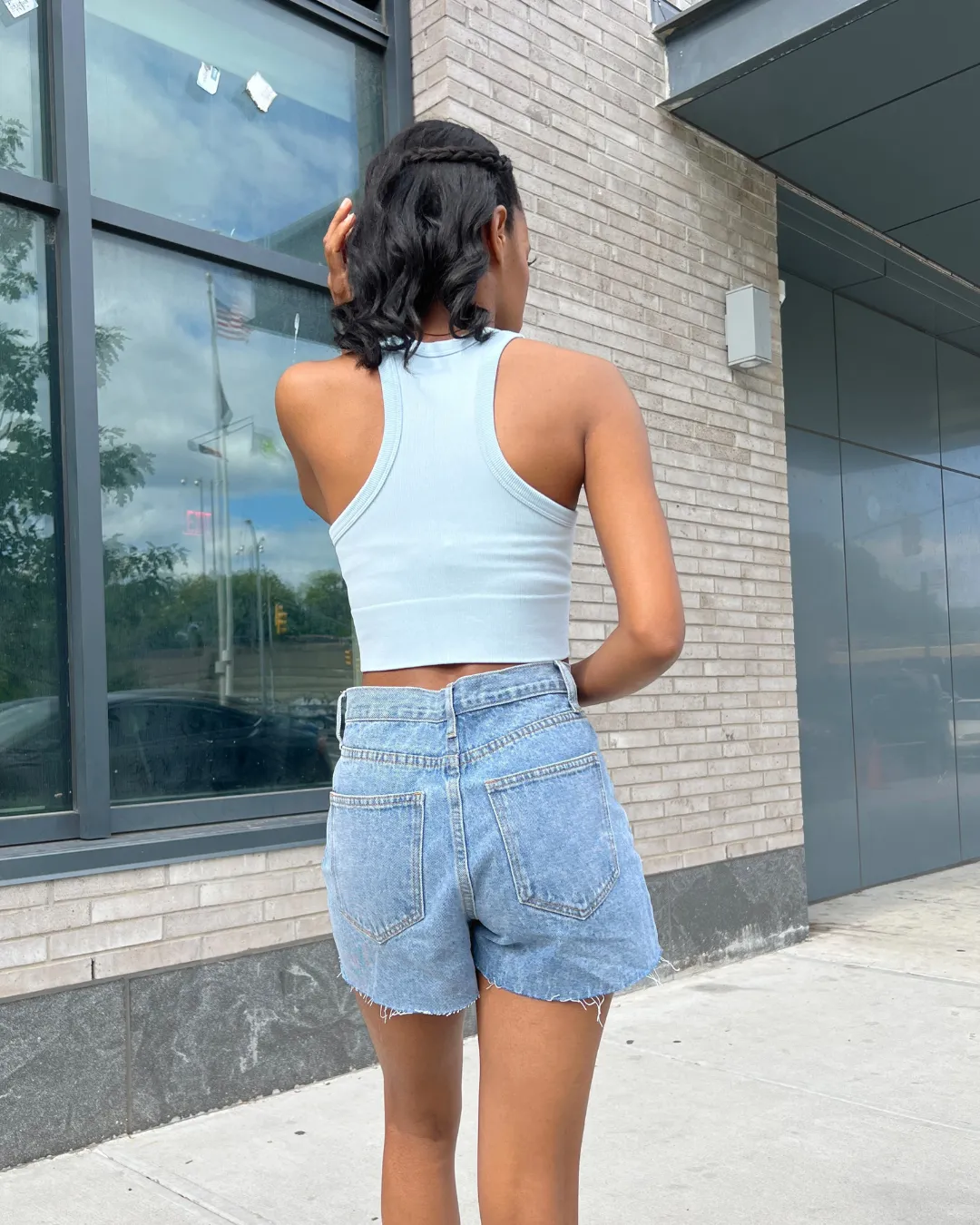 Overlap Distressed Denim Shorts