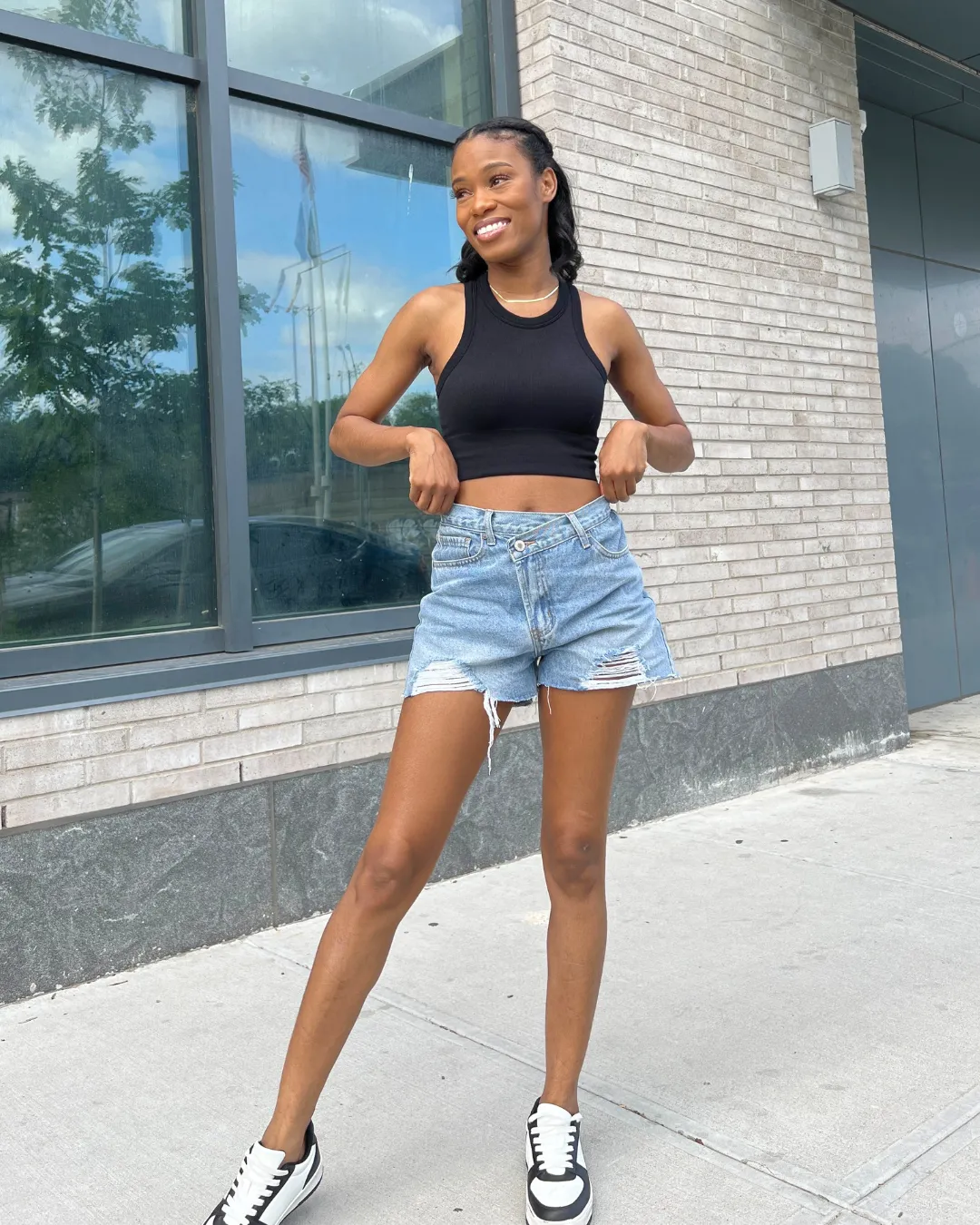 Overlap Distressed Denim Shorts