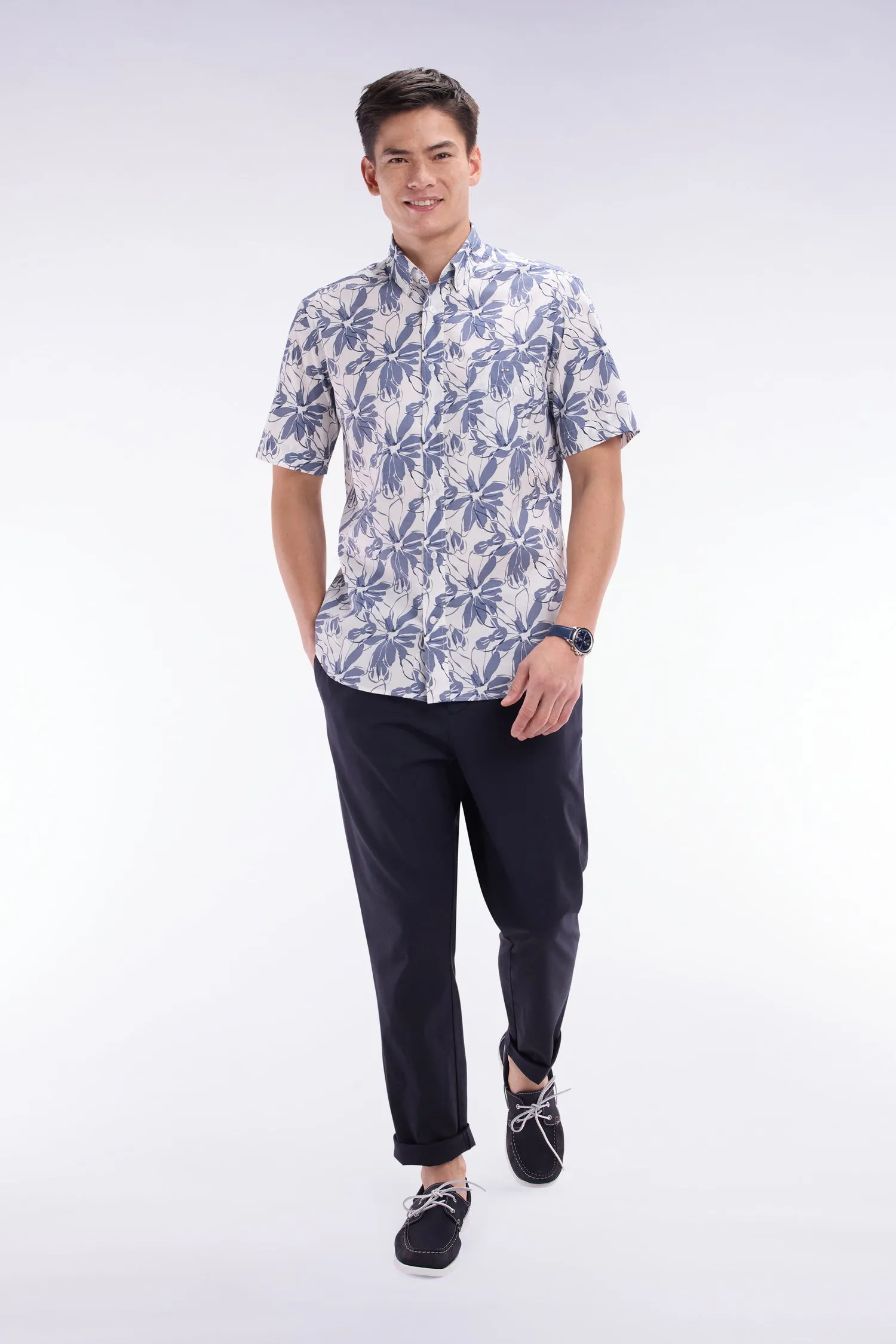 Pantalon chino à taille élastique en coton et lyocell stretch marine