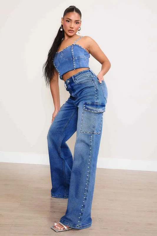 Pearl High-Rise Wide Leg Cargo Jean Pants
