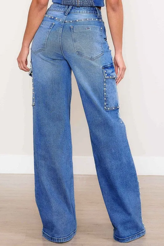 Pearl High-Rise Wide Leg Cargo Jean Pants