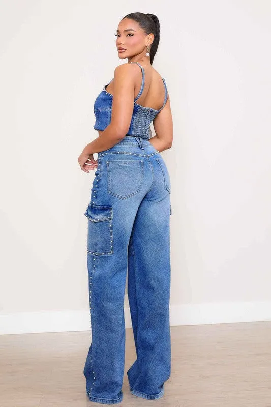 Pearl High-Rise Wide Leg Cargo Jean Pants