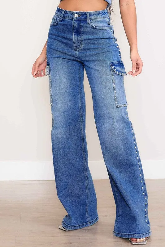Pearl High-Rise Wide Leg Cargo Jean Pants