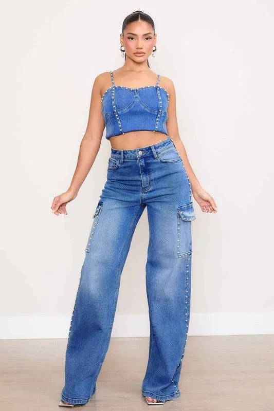 Pearl High-Rise Wide Leg Cargo Jean Pants