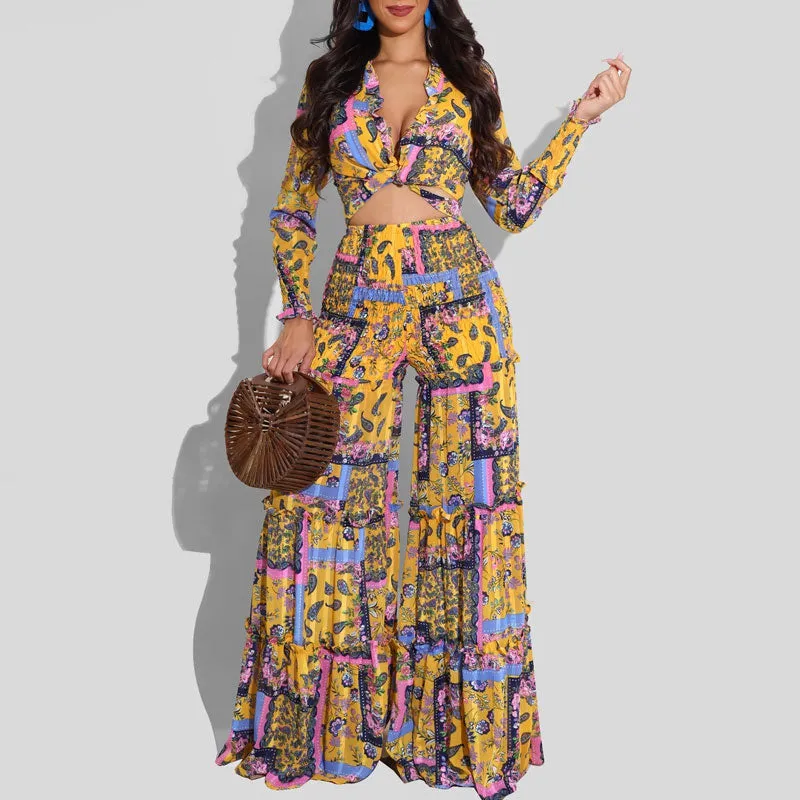 Print Long Sleeve Tied Crop Top & Wide Leg Pants Set