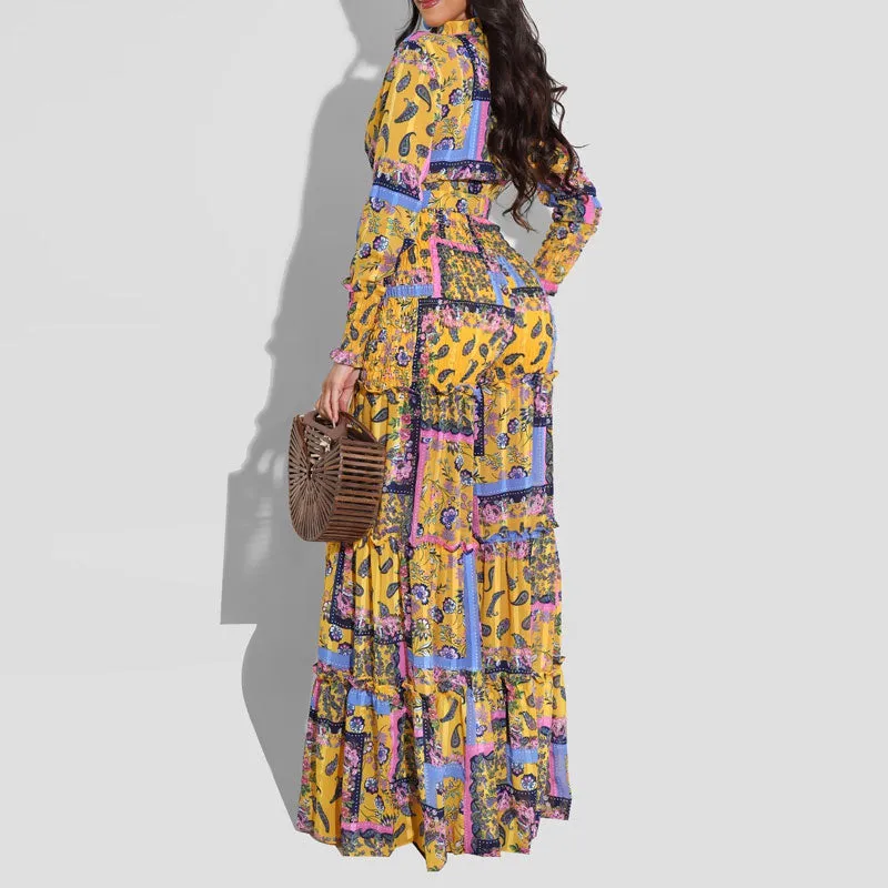 Print Long Sleeve Tied Crop Top & Wide Leg Pants Set