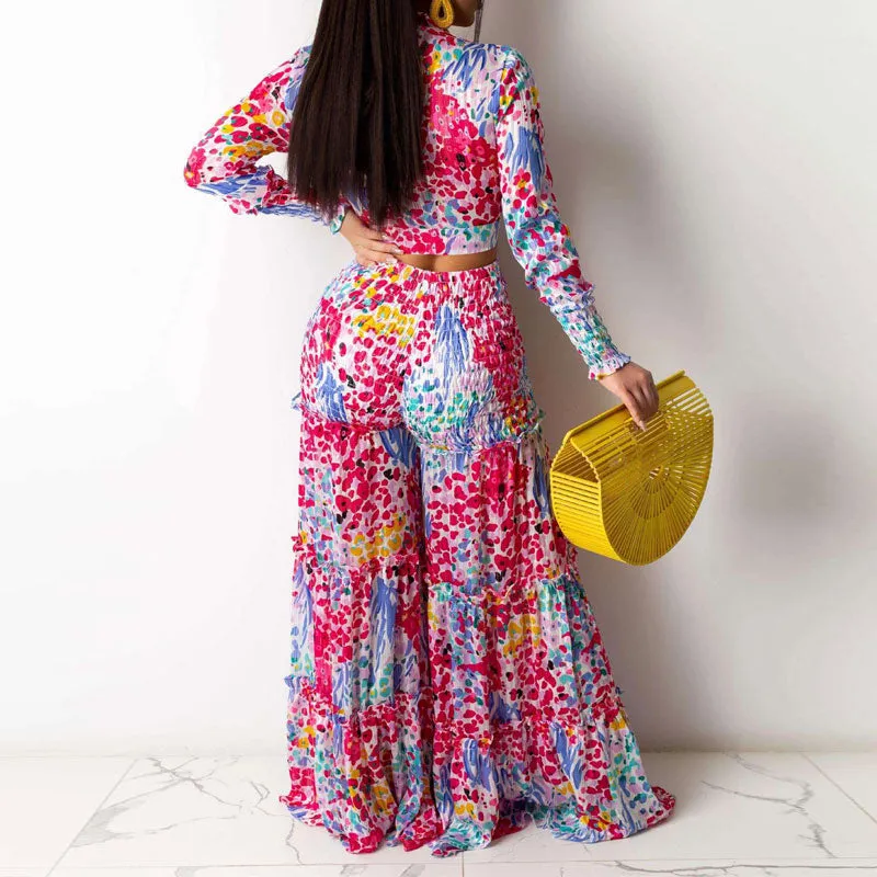 Print Long Sleeve Tied Crop Top & Wide Leg Pants Set