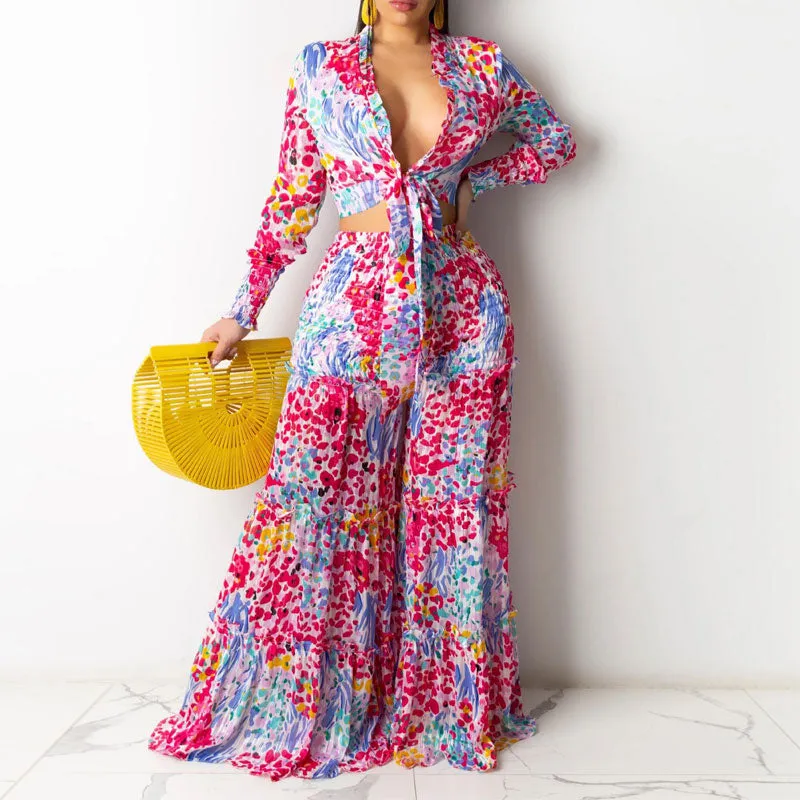 Print Long Sleeve Tied Crop Top & Wide Leg Pants Set